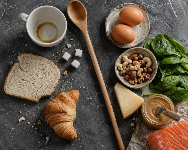 Comparação entre pão, croissant e açúcar versus ovos, frutos secos, espinafres e salmão